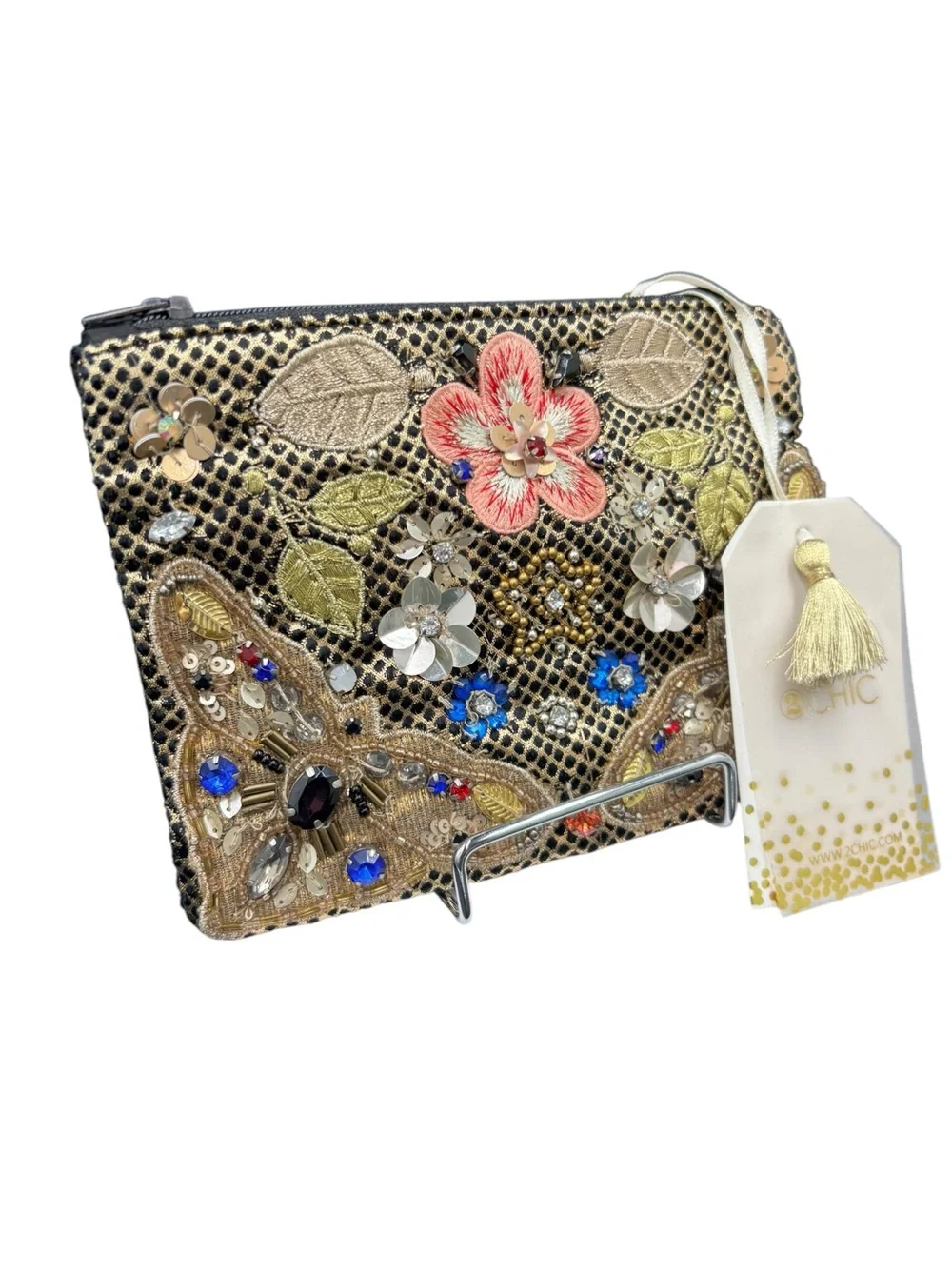 2 Chic NWT Embellished Floral Beaded Sequin Clutch Pouch Black Gold
